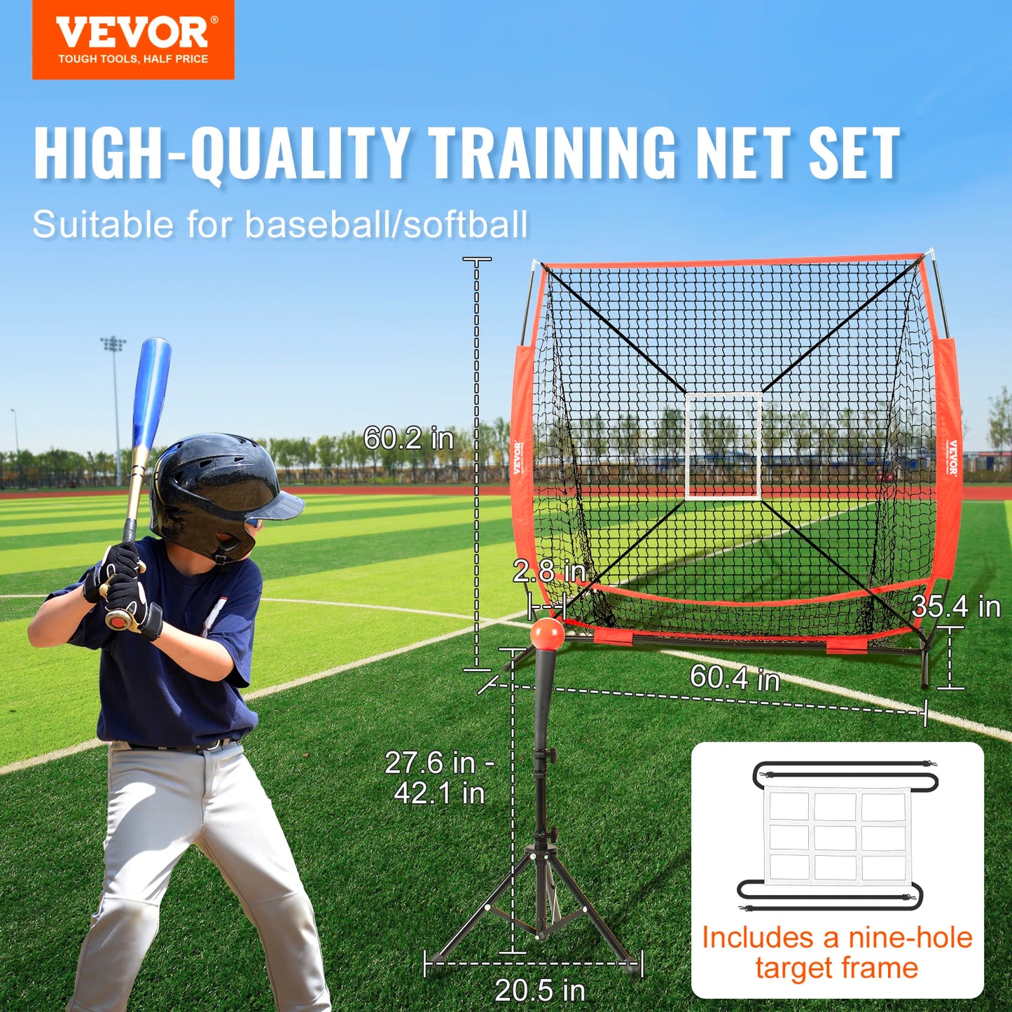 VEVOR 5x5ft Portable Baseball Softball Practice Net for Hitting Batting Catching Pitching with Bow Frame Carry Bag Strike Zone