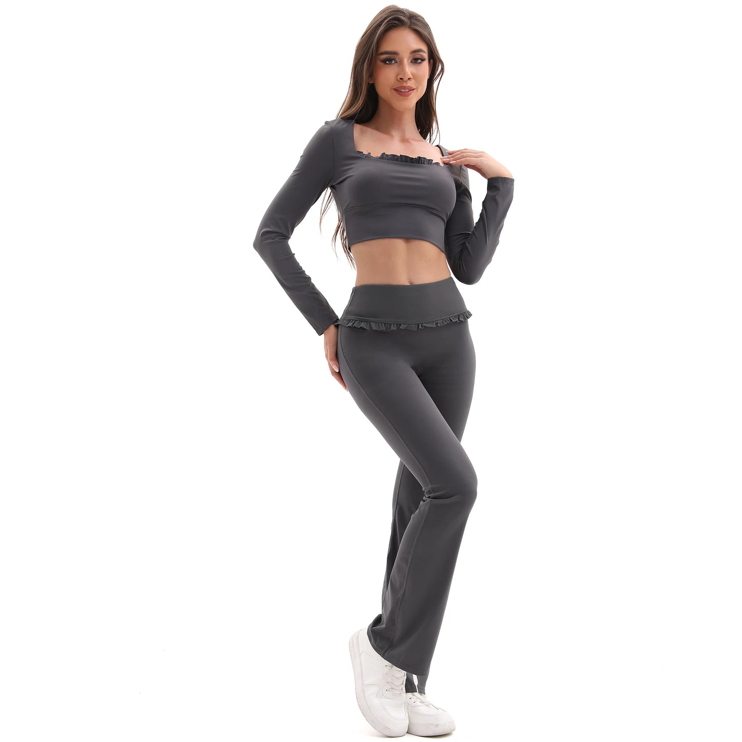 Jiangxi Floral Lace Yoga Set With High Waist Flare Pants