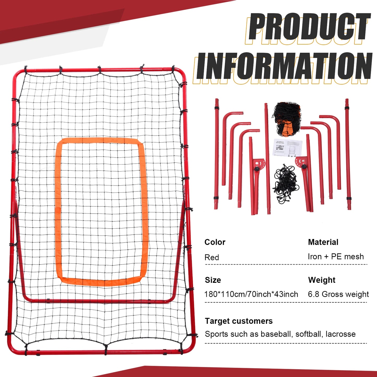 Rebound Net for Baseball & Volleyball,6x4.6 Ft Baseball Pitch Back Aid Training Net with Angle Adjustment