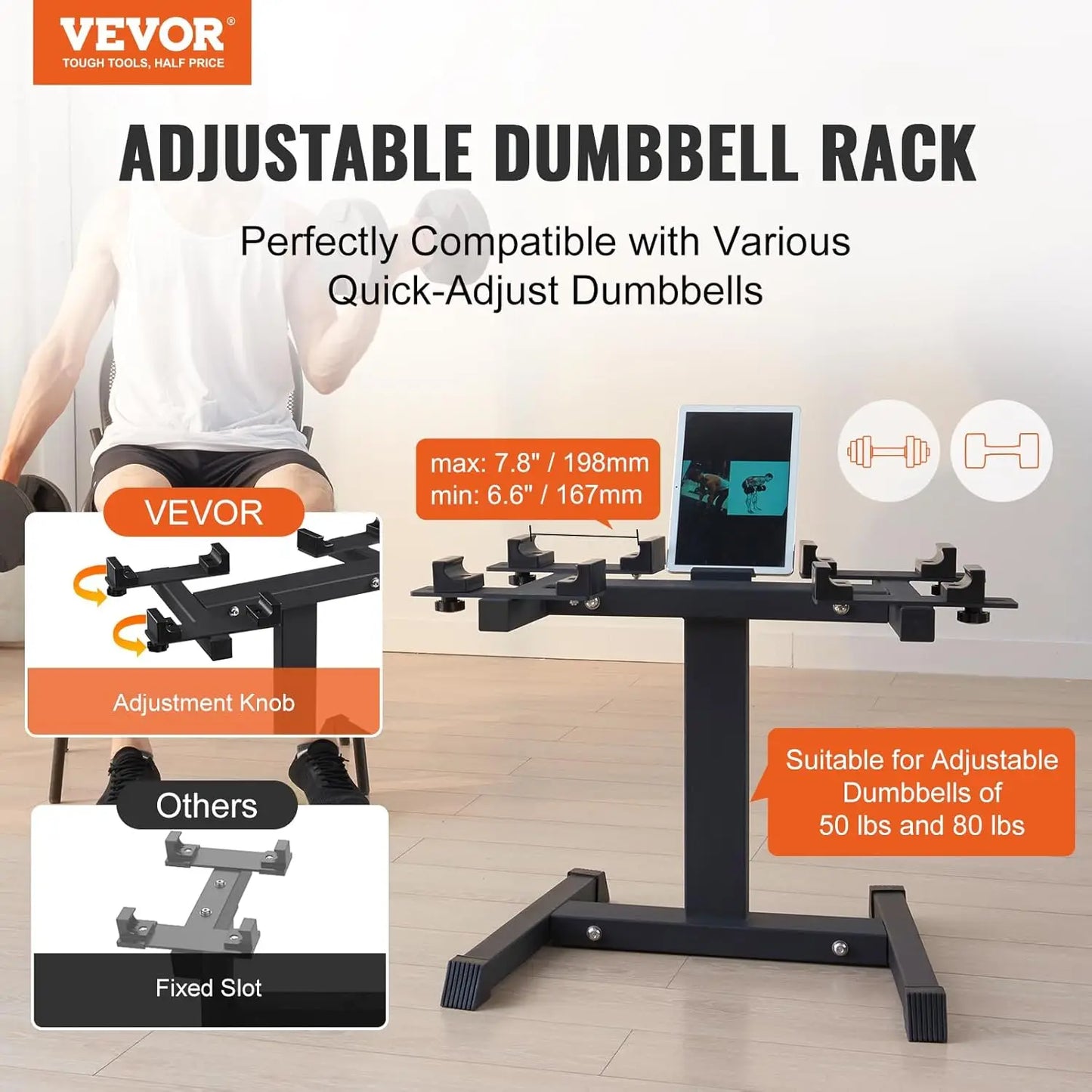 Adjustable Dumbbell Stand, up to 160 Pound Home Fitness Rack and Stand with Media Rack, Safe and Convenient Dumbbell Weight Hold
