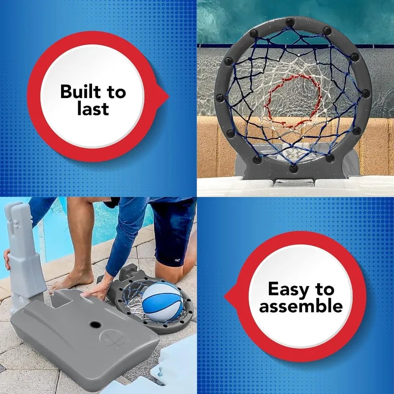 Simplay3 Pooltime Basketball Hoop Game Set for Swimming Pools, Includes Ball, Pump and Net Ages 8+, Made in The USA, Grey