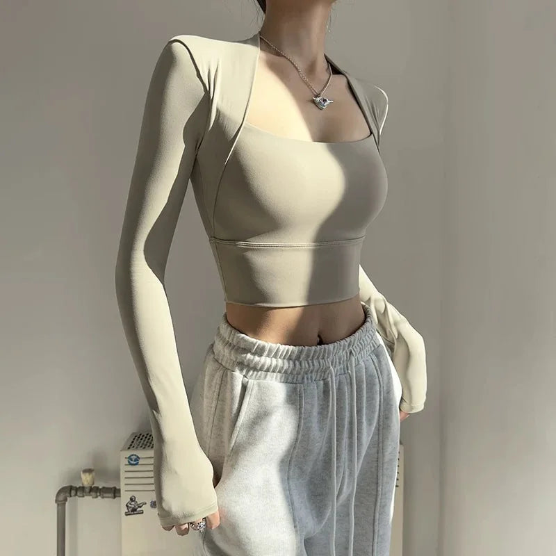 CN Fitness Chest Cushion Top Women Long Sleeve Shirt Yoga