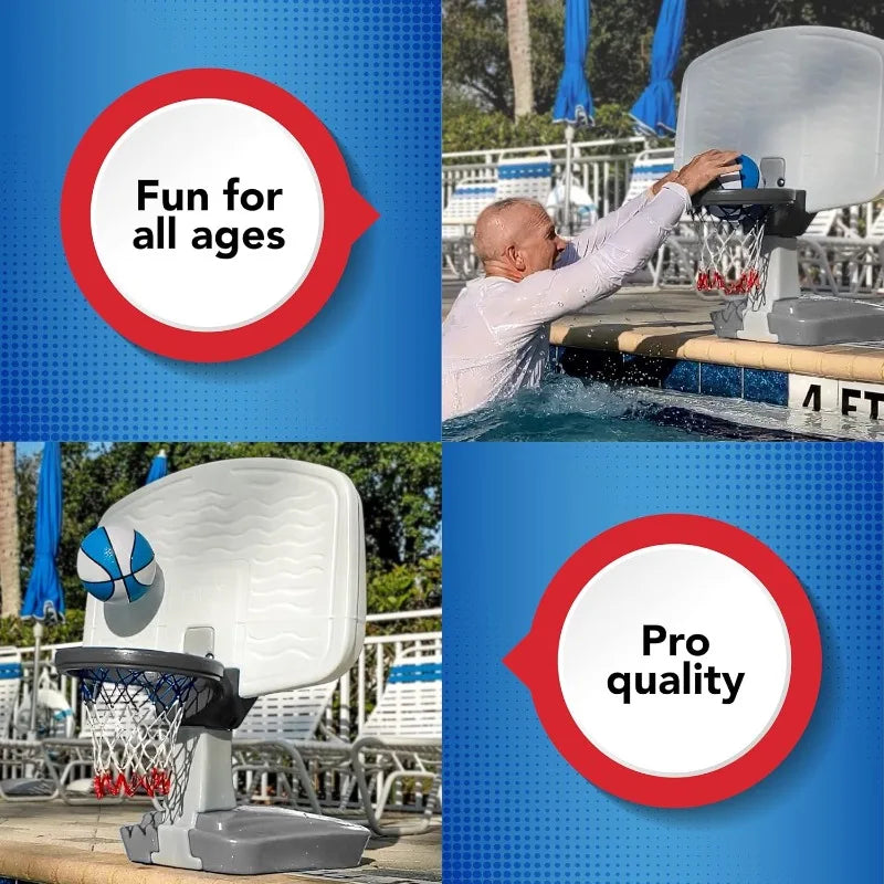 Simplay3 Pooltime Basketball Hoop Game Set for Swimming Pools, Includes Ball, Pump and Net Ages 8+, Made in The USA, Grey