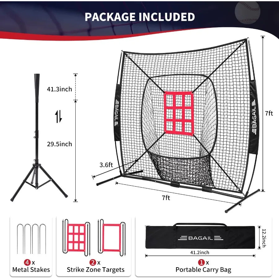 BAGAIL 7x7 ft Baseball and Softball Practice Net with Bow Frame for Batting Hitting Pitching Portable Baseball Throwing Net wit