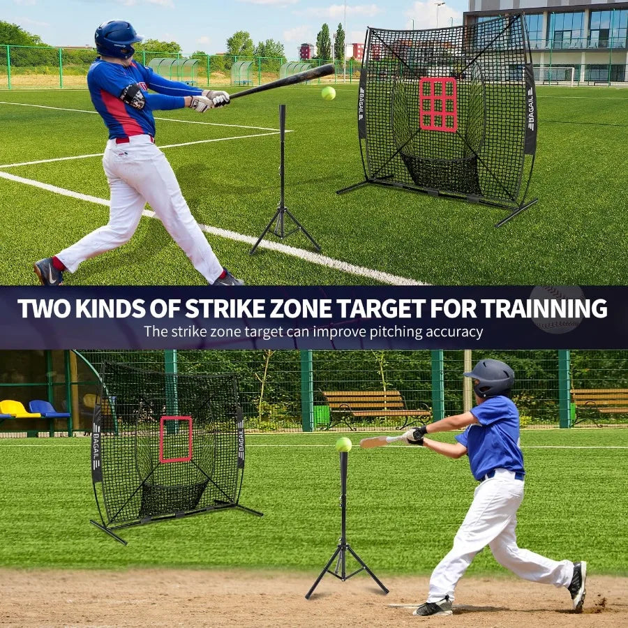 BAGAIL 7x7 ft Baseball and Softball Practice Net with Bow Frame for Batting Hitting Pitching Portable Baseball Throwing Net wit