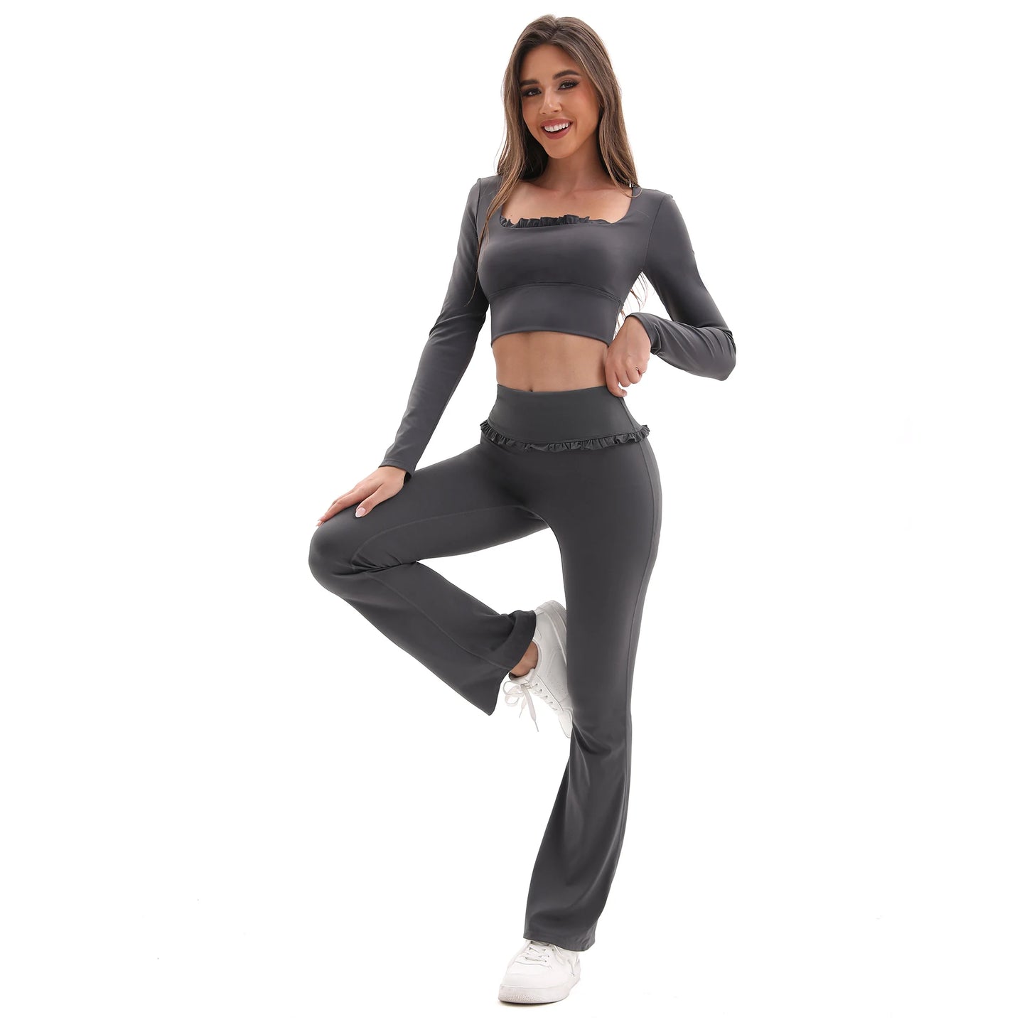 Jiangxi Floral Lace Yoga Set With High Waist Flare Pants