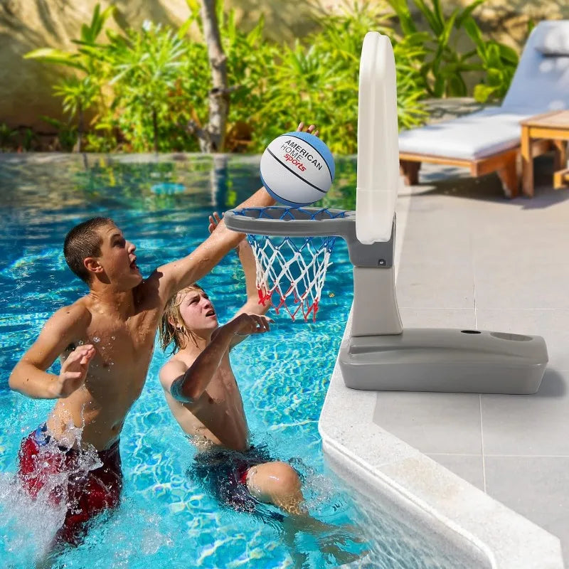Simplay3 Pooltime Basketball Hoop Game Set for Swimming Pools, Includes Ball, Pump and Net Ages 8+, Made in The USA, Grey