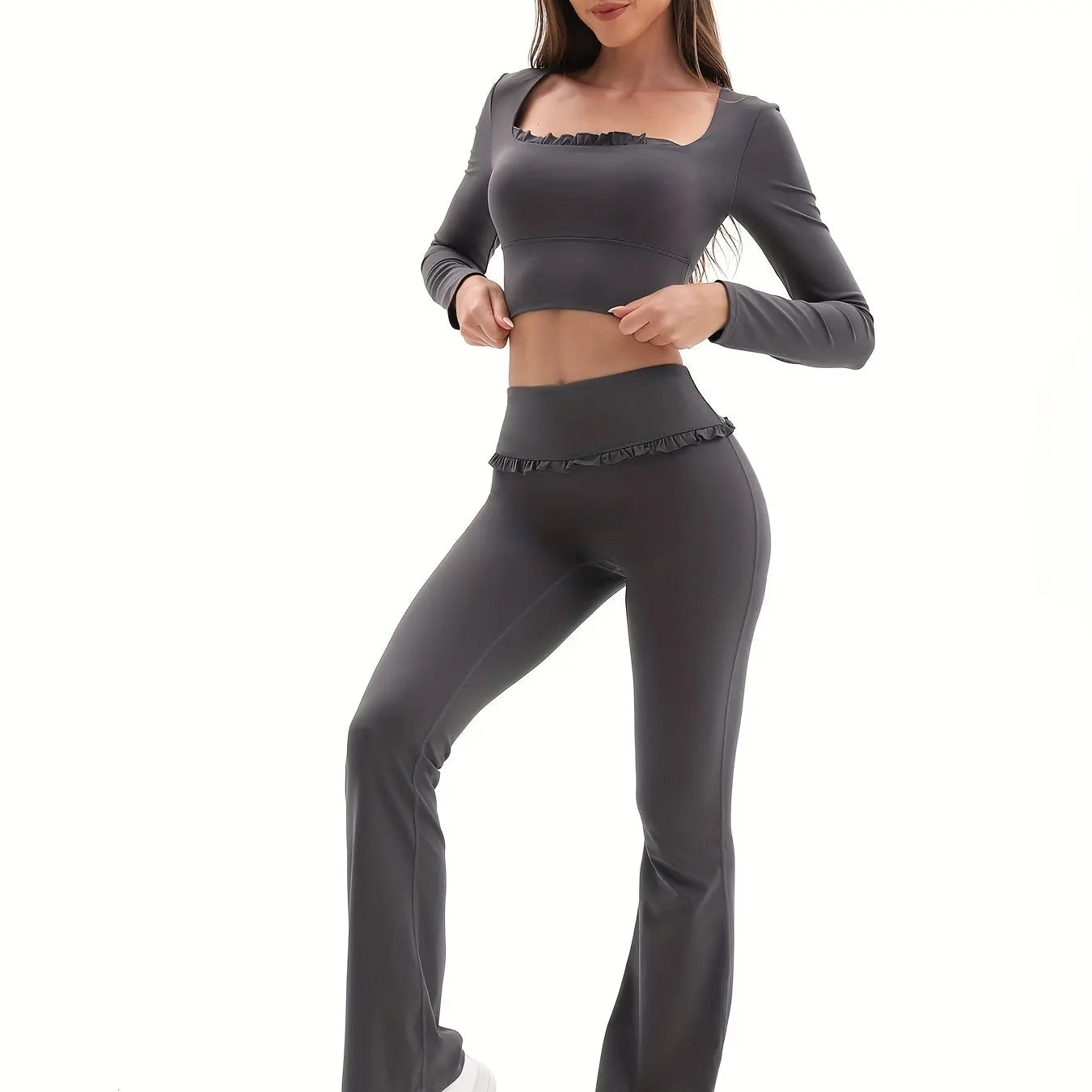 Jiangxi Floral Lace Yoga Set With High Waist Flare Pants