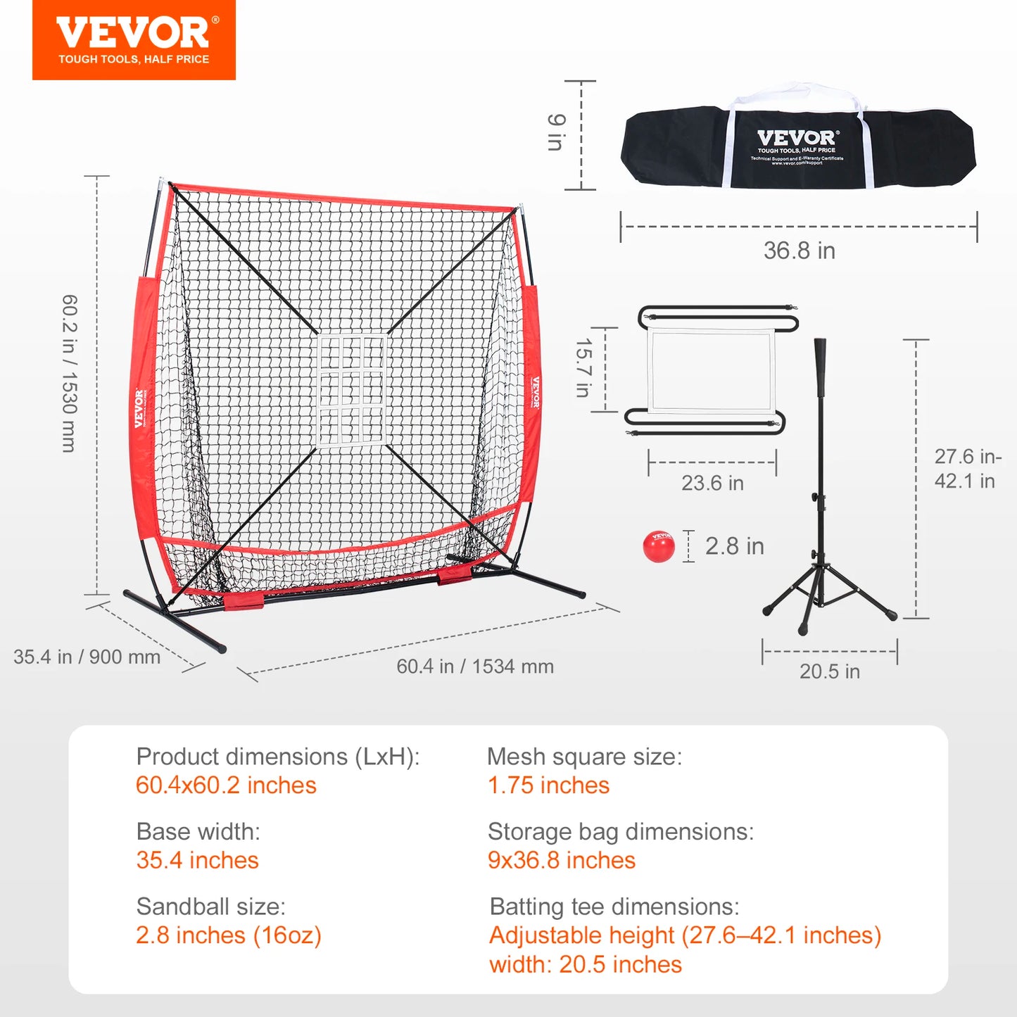 VEVOR 5x5ft Portable Baseball Softball Practice Net for Hitting Batting Catching Pitching with Bow Frame Carry Bag Strike Zone