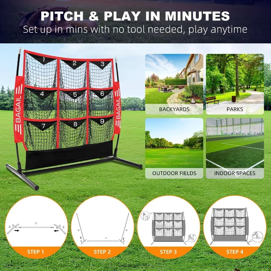 BAGAIL Baseball and Softball Pitching Net 9 Pocket Pitching Net Portable Pitching Target Net for Backyard with Carry Bag