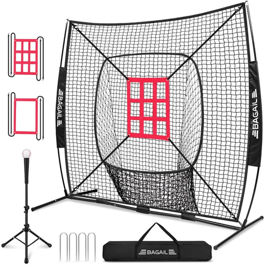 BAGAIL 7x7 ft Baseball and Softball Practice Net with Bow Frame for Batting Hitting Pitching Portable Baseball Throwing Net wit